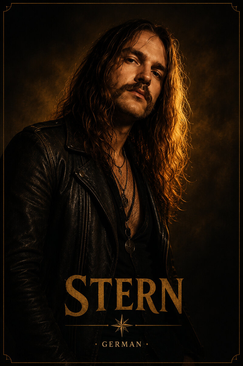 Stern, German. Amber-framed portrait card: a long-haired guitarist in a leather jacket, lit from the side against darkness, with his name and nationality printed across the lower part of the image.