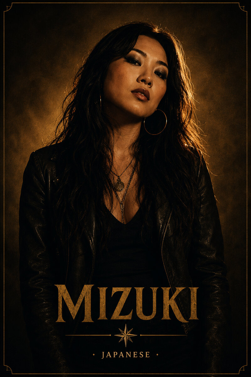 Mizuki, Japanese. Amber-framed portrait card: a singer with long dark hair, lit from the side against darkness, with her name and nationality printed across the lower part of the image.