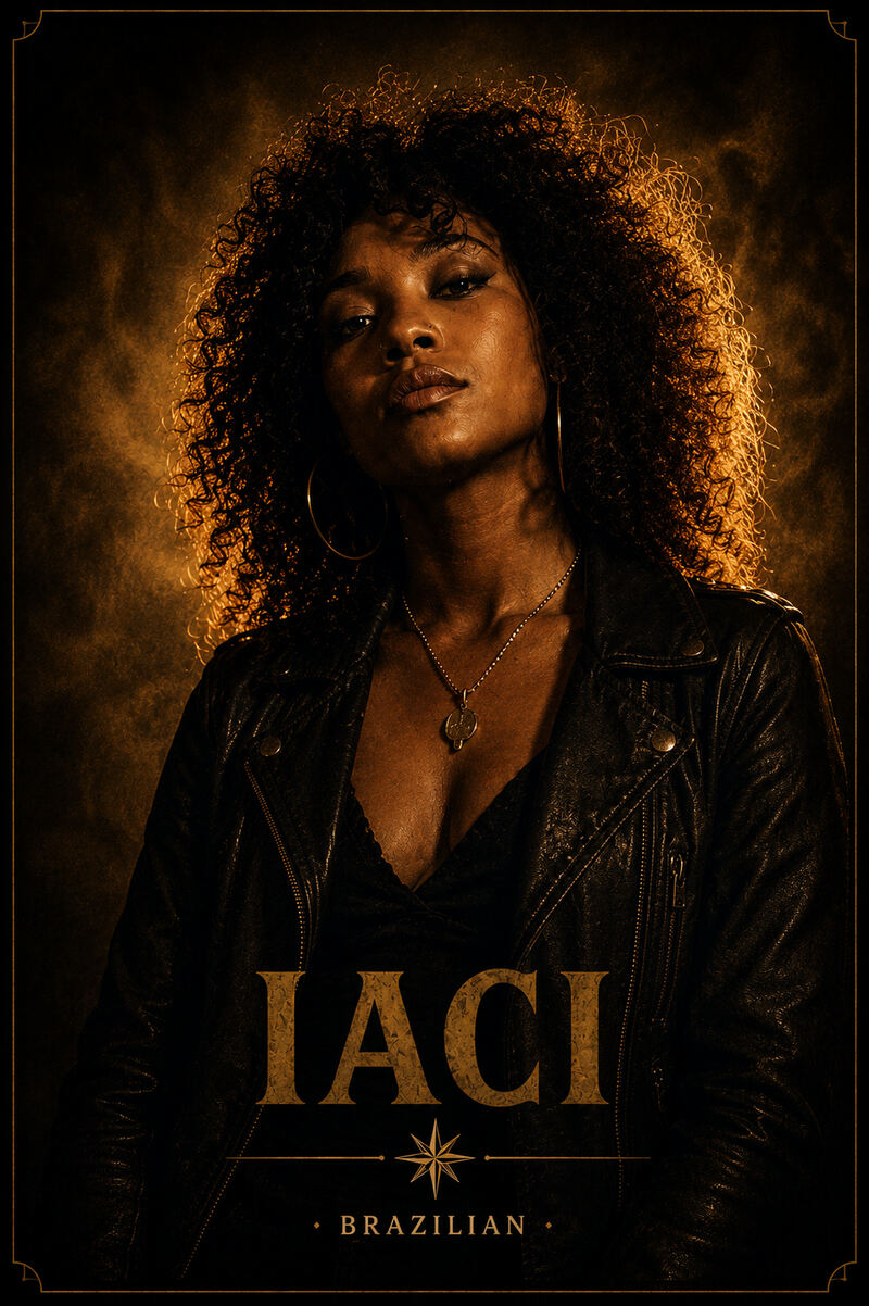 Iaci, Brazilian. Amber-framed portrait card: a singer with a full curly halo of hair, lit from the side against darkness, with her name and nationality printed across the lower part of the image.