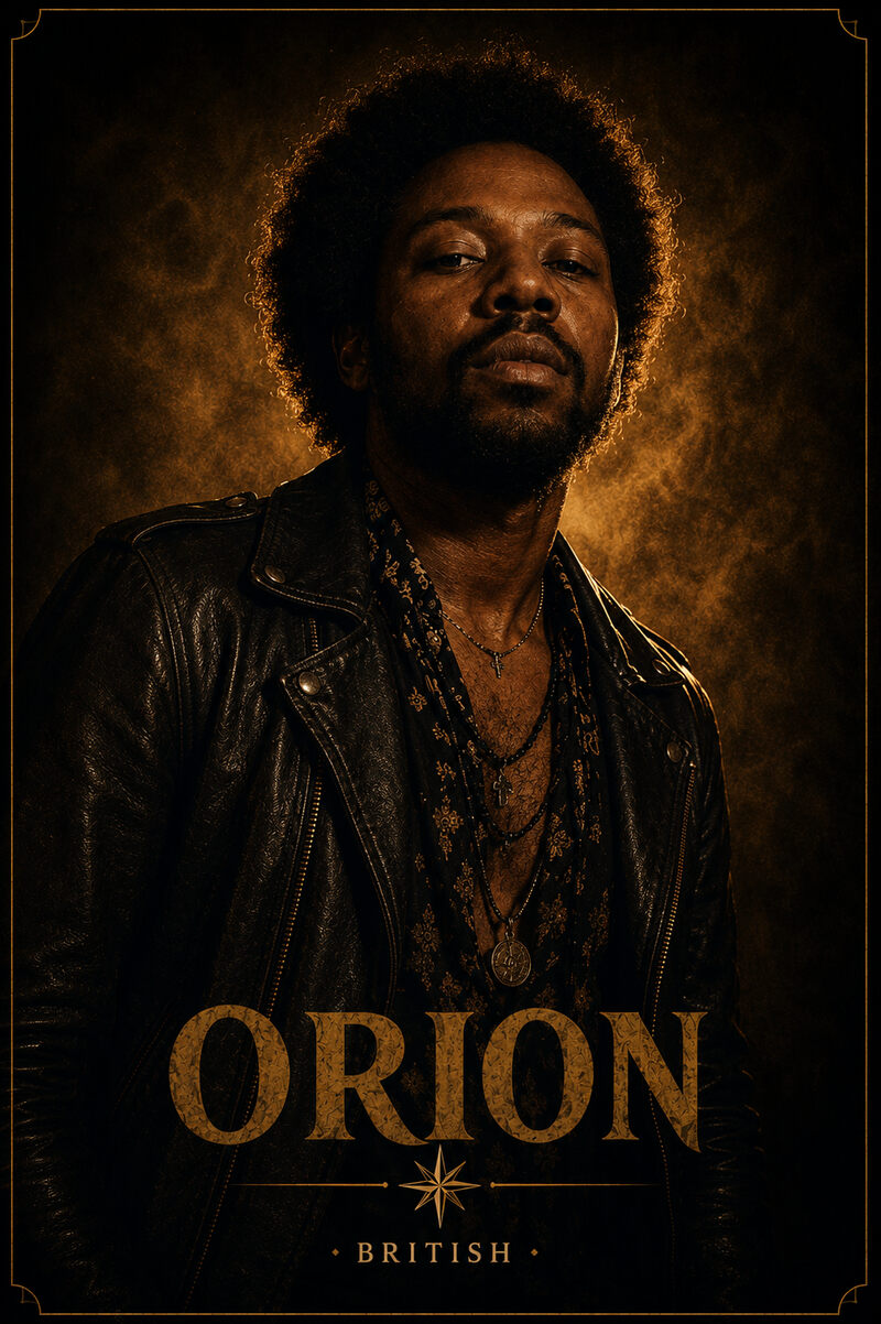 Orion, British. Amber-framed portrait card: a tall bass player in a worn overcoat, lit from the side against darkness, with his name and nationality printed across the lower part of the image.