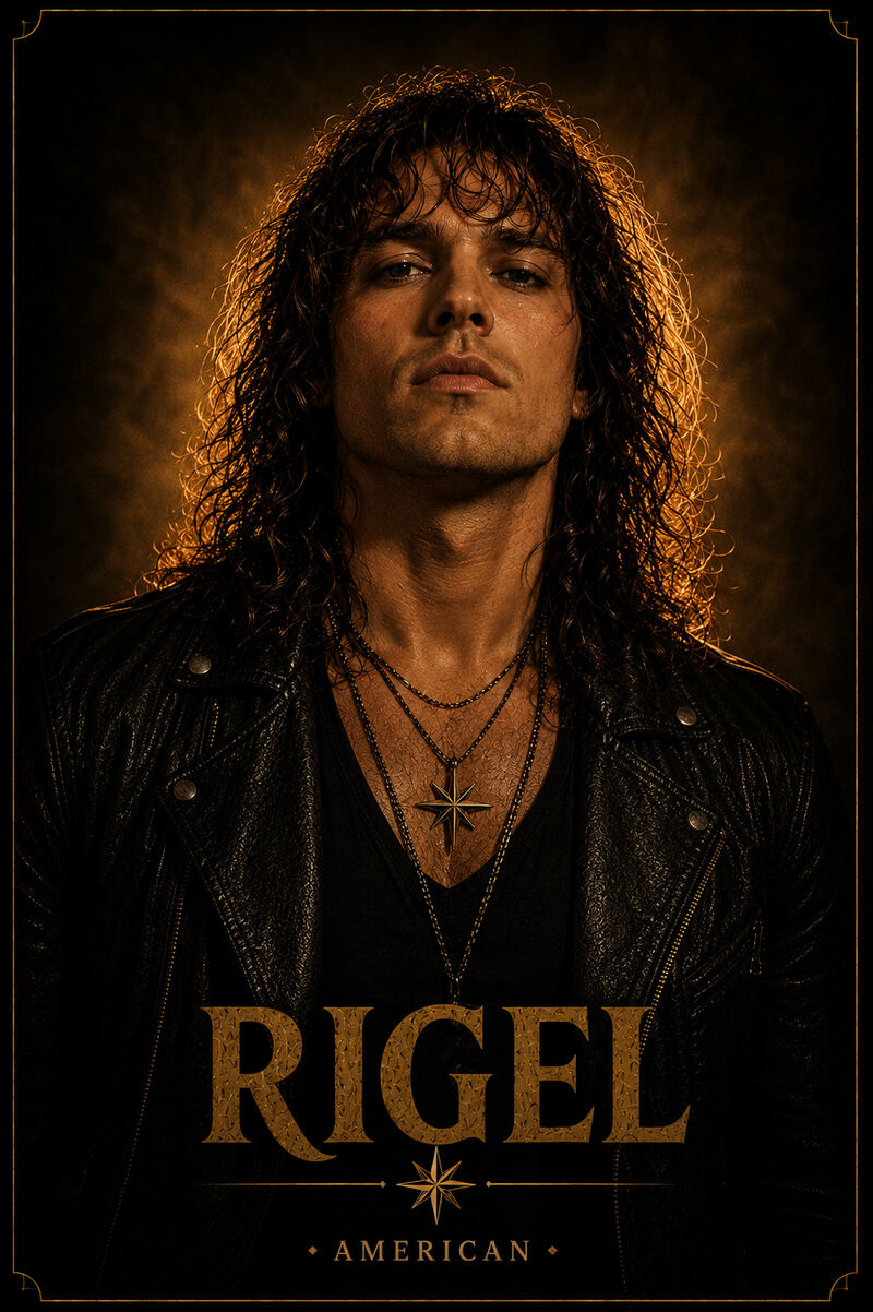 Rigel, American. Amber-framed portrait card: a curly-haired singer in a leather jacket, lit from the side against darkness, with his name and nationality printed across the lower part of the image.