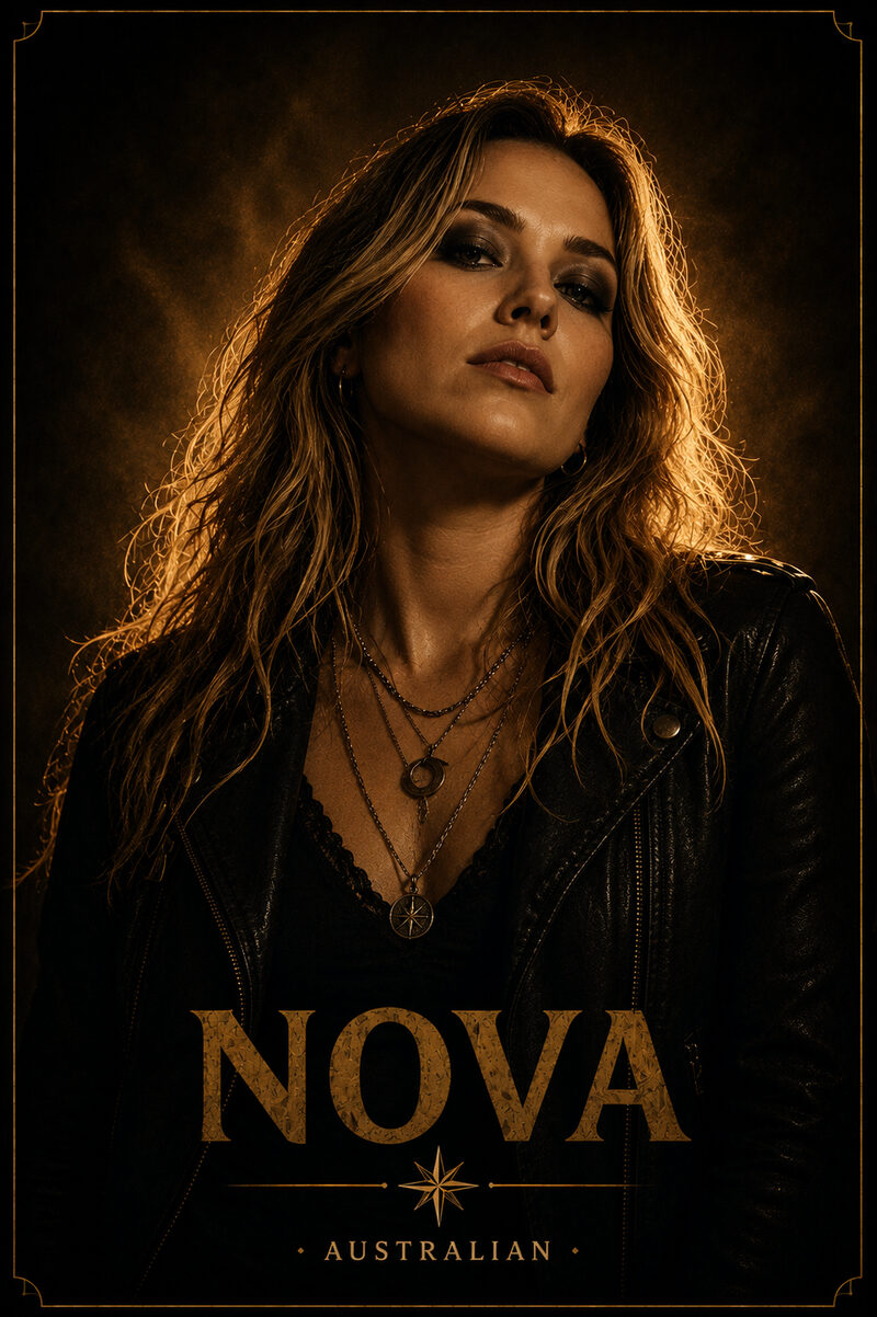 Nova, Australian. Amber-framed portrait card: a drummer in a wide-brimmed hat, lit from the side against darkness, with her name and nationality printed across the lower part of the image.