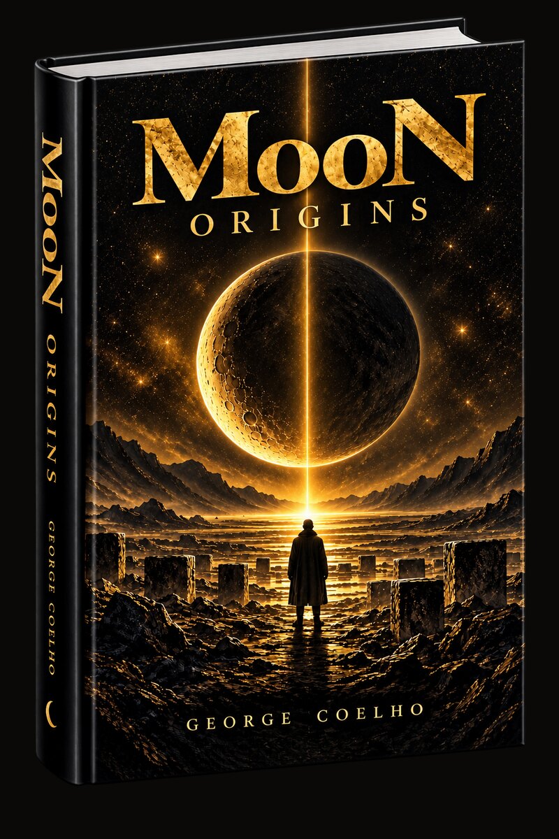 Cover of the novel MooN ORIGINS by George Coelho: a hardcover book seen at an angle, its black jacket carrying MooN in gold lettering above a side-lit moon, over a rocky plain where a lone figure in a long coat faces a vertical beam of light.