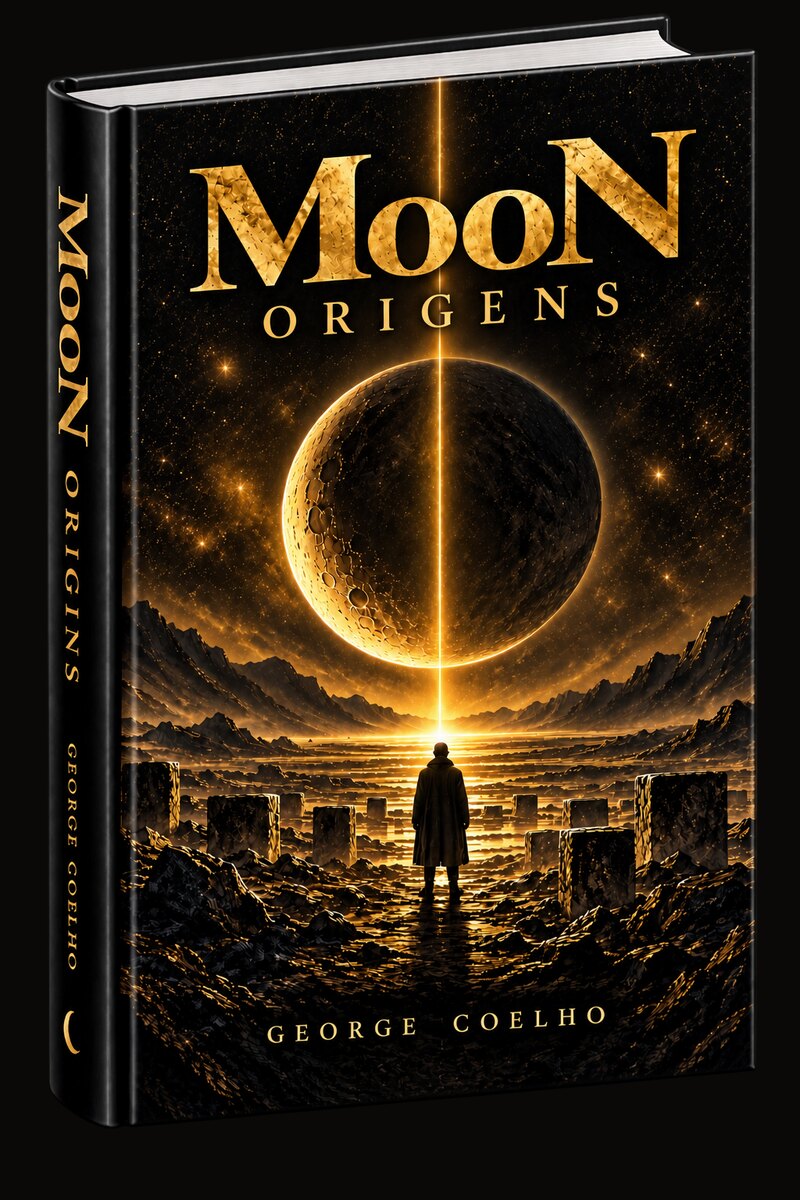 Cover of the novel MooN ORIGENS, the Portuguese edition, by George Coelho: a hardcover book seen at an angle, its black jacket carrying MooN in gold lettering above a side-lit moon, over a rocky plain where a lone figure in a long coat faces a vertical beam of light.