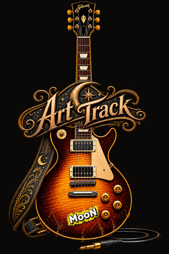 Art Track - the MooN art channel on YouTube. An electric guitar with an ornate Art Track banner across its body and a MooN sticker below.