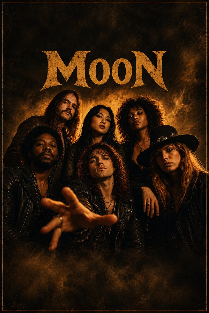 The six members of MooN together in darkness, lit by a single warm light from the side, with the amber MooN wordmark above them.