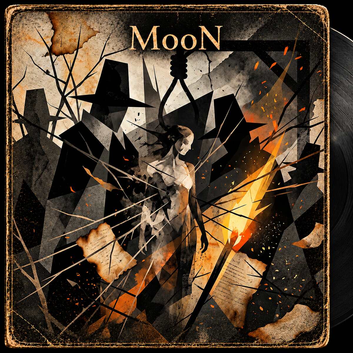 CONVICTION album artwork: a worn record sleeve with the amber MooN wordmark at the top centre. Beneath a hanging noose a pale woman stands among sharp, shattered shapes of black and grey, while dark figures in tall hats loom behind her and bare, thorny branches cut across the scene. A streak of fire flares at the right, scraps of burnt paper covered in handwriting drift through the frame, and a vinyl disc emerges from the sleeve at the right.