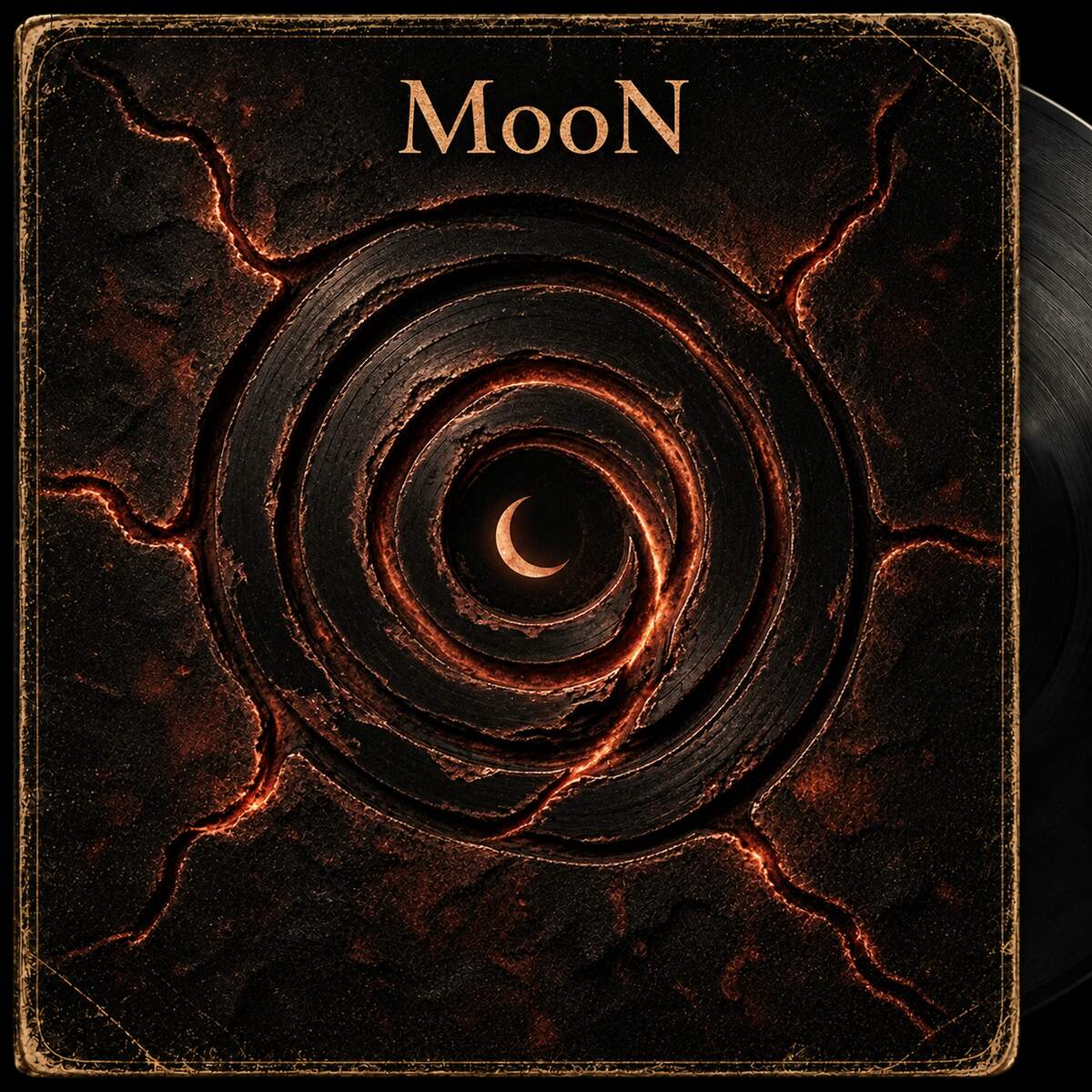 GROOVE album artwork: a worn record sleeve, almost black, with the amber MooN wordmark at the top centre. At its middle a spiral groove, carved like scorched rock, turns inward, with veins of orange ember running along the ridges and cracks spreading out to the edges. A small amber crescent moon glows at the centre of the spiral, where the spindle hole would be, and a vinyl disc emerges from the sleeve at the right.