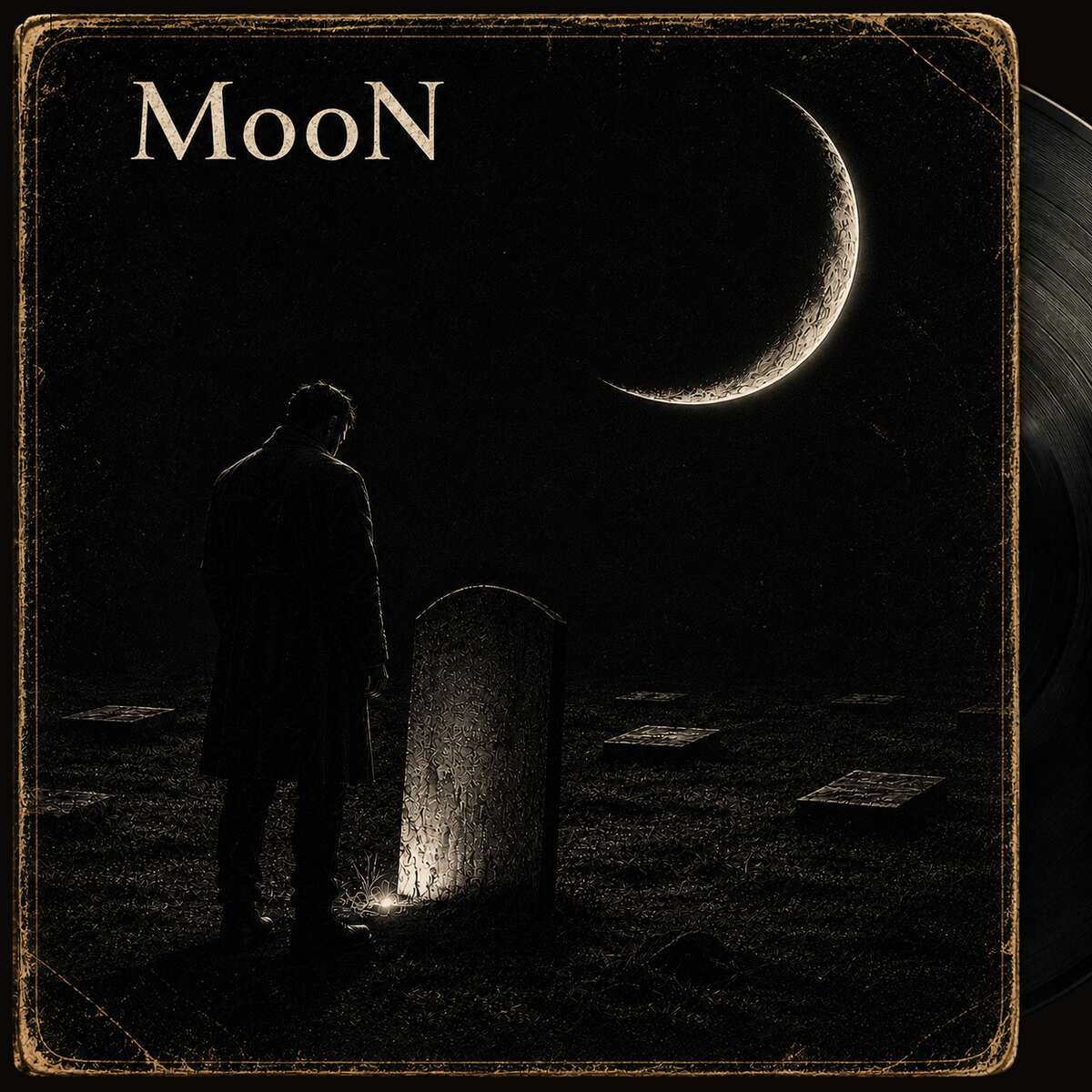 HERE LIES album artwork: a worn record sleeve, almost black, with the amber-edged MooN wordmark at the top left. A man in a long coat stands with his head bowed before a headstone in a night cemetery, flat grave markers scattered through the grass around him and a single small light burning at the foot of the stone. A large crescent moon hangs in the upper right, and a vinyl disc emerges from the sleeve at the right.