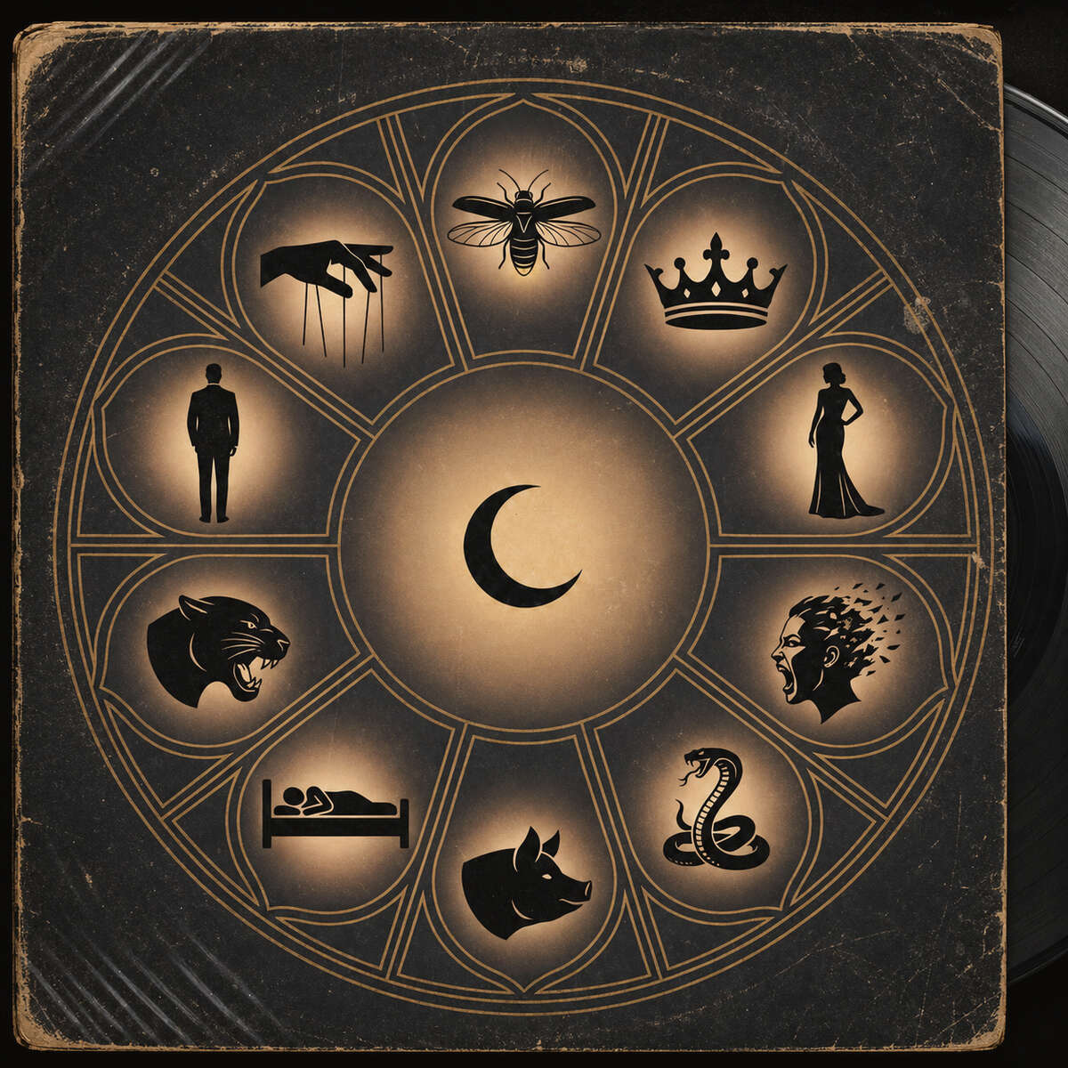 SIN album artwork: a worn record sleeve in aged sepia. A ten-segment wheel holds one black silhouette for each sin — a bee, a crown, a panther, a snake, a hog, a puppeteer's hand — each lit from behind, with a crescent moon glowing at the hub and a vinyl disc emerging from the sleeve at the right.