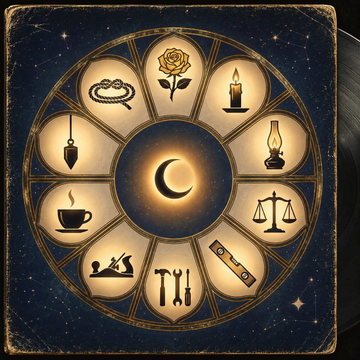 VIRTUES album artwork: a worn record sleeve in deep night blue, scattered with constellations. A rosette of ten lantern-lit panels holds one symbol for each virtue — a rose, a candle, an oil lamp, a set of scales, a plumb line, a coffee cup, a carpenter's plane — with a crescent moon glowing at the centre and a vinyl disc emerging from the sleeve at the right.