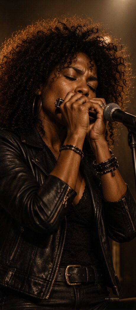 Iaci playing harmonica into the microphone, eyes closed, in a leather jacket under a warm stage light.
