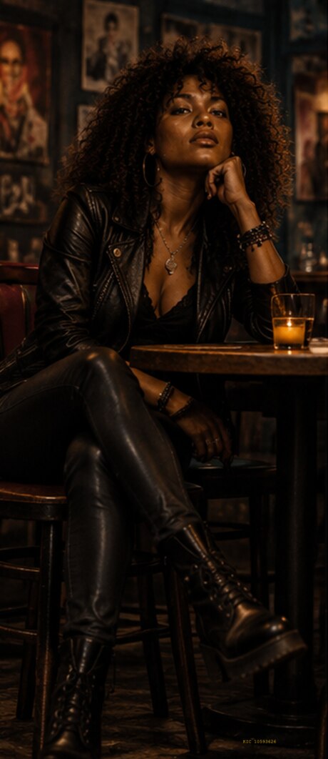 Iaci sitting on a high stool at a bar table, a glass beside her, framed pictures on the wall behind.