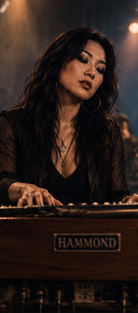 Mizuki playing a Hammond organ, both hands on the keys, eyes closed.