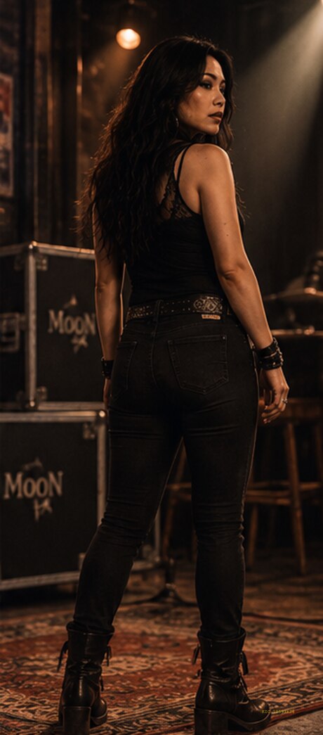 Mizuki standing among the amplifiers, seen from behind, a flight case marked MooN at her side.