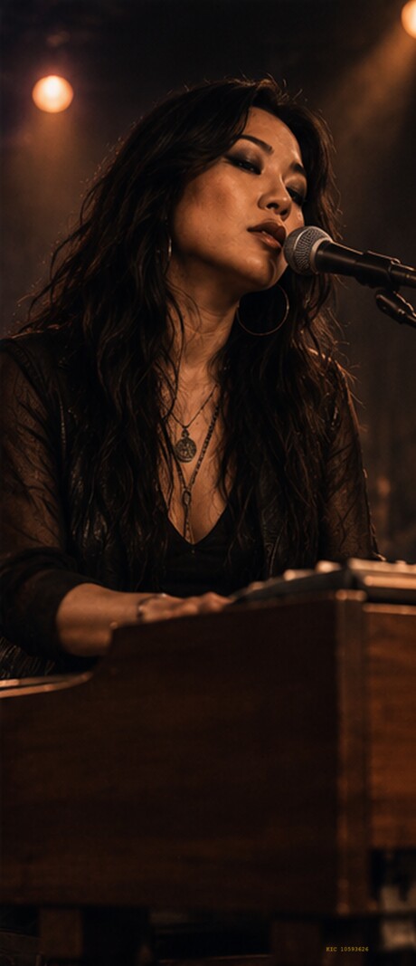 Mizuki singing into the microphone from behind her keyboard.