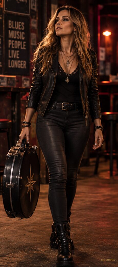 Nova standing with a tambourine in a bar, under a neon sign reading Blues music people live longer.