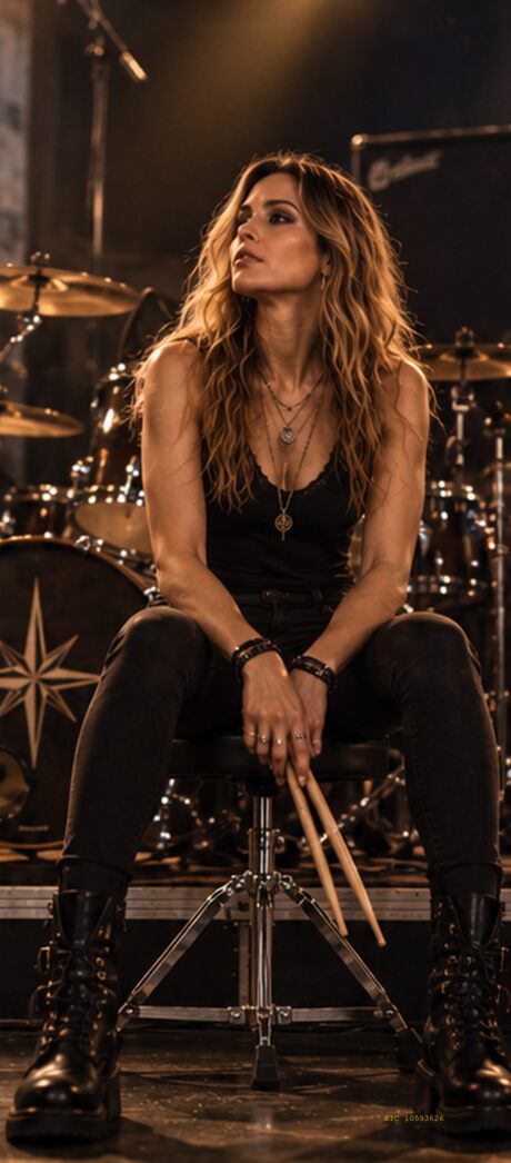Nova seated at her drum kit, sticks in hand, mid-count.