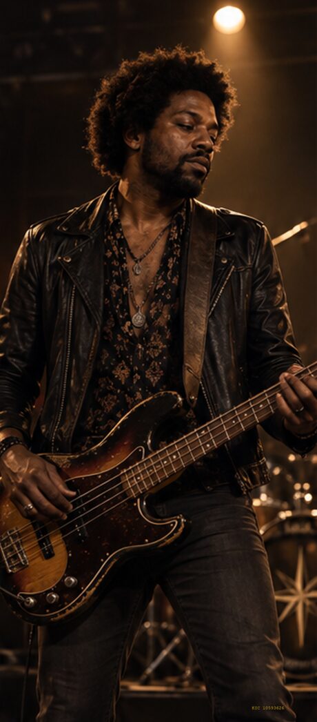 Orion playing bass, stage lamps burning above him.