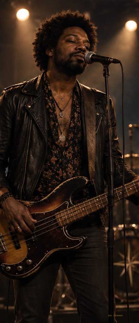 Orion singing into the microphone while playing bass.