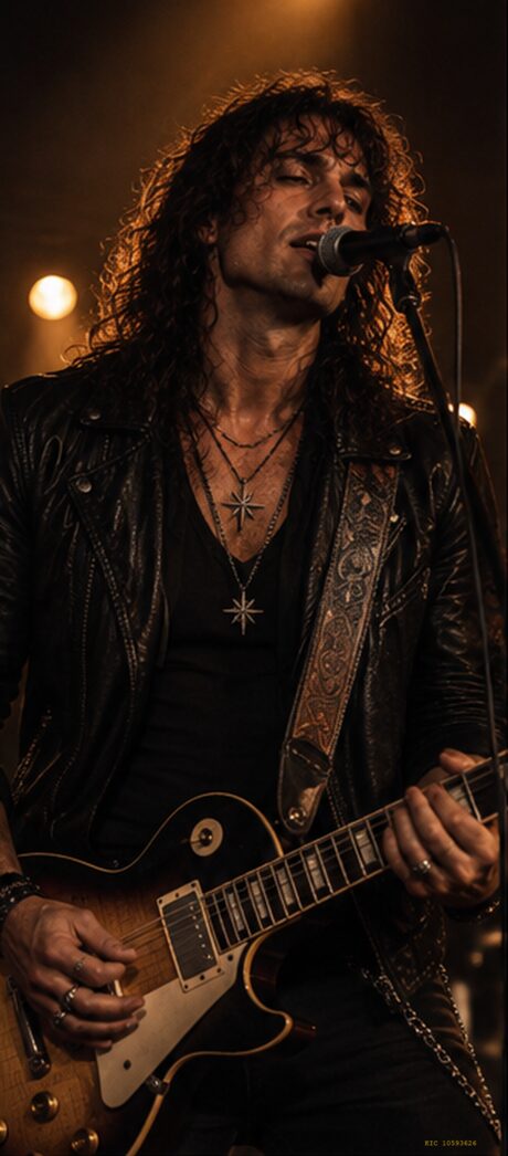 Rigel singing into the microphone with his guitar, lit from above.