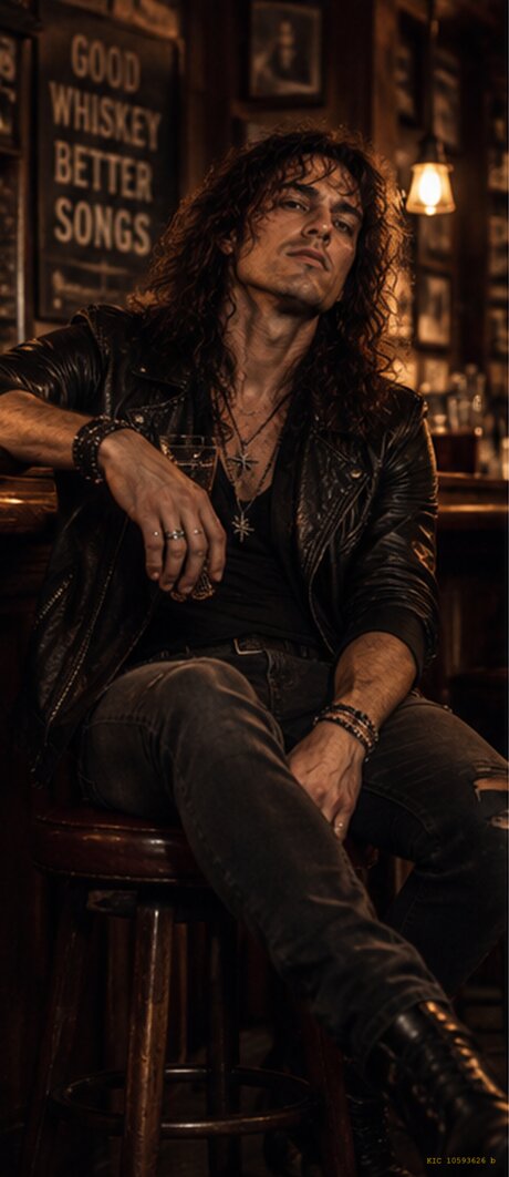 Rigel sitting on a bar stool with his guitar, under a sign reading Good whiskey better songs.