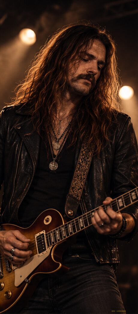 Stern playing a Les Paul, head down, hair falling across his face.