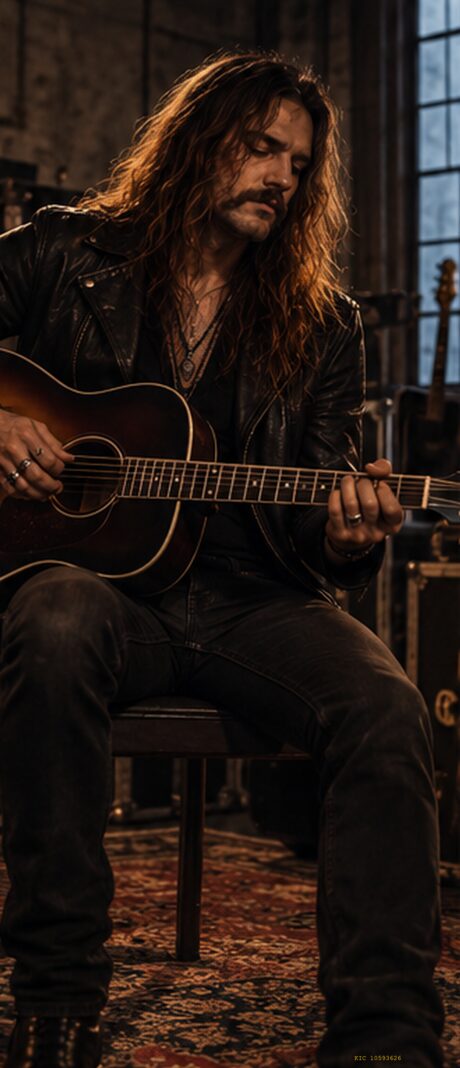 Stern seated with an acoustic guitar beside a tall window.