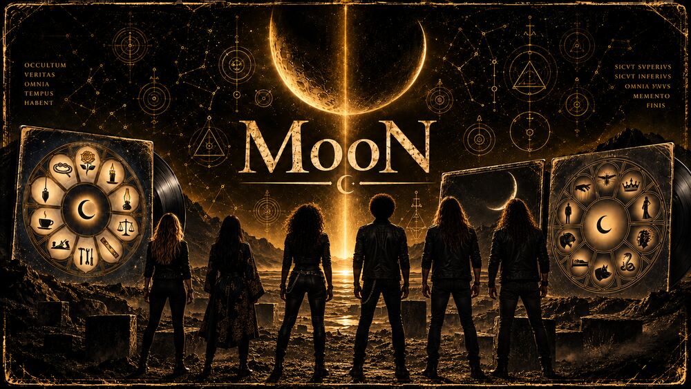 The six members of MooN in silhouette beneath the amber wordmark, flanked by the SIN and VIRTUES wheels.