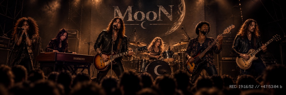 The band on a wide stage before a crowd, the MooN wordmark and a vast moon rising behind them: harmonica and Hammond organ on the left, a singer at the centre microphone, drums behind, bass and guitar on the right.