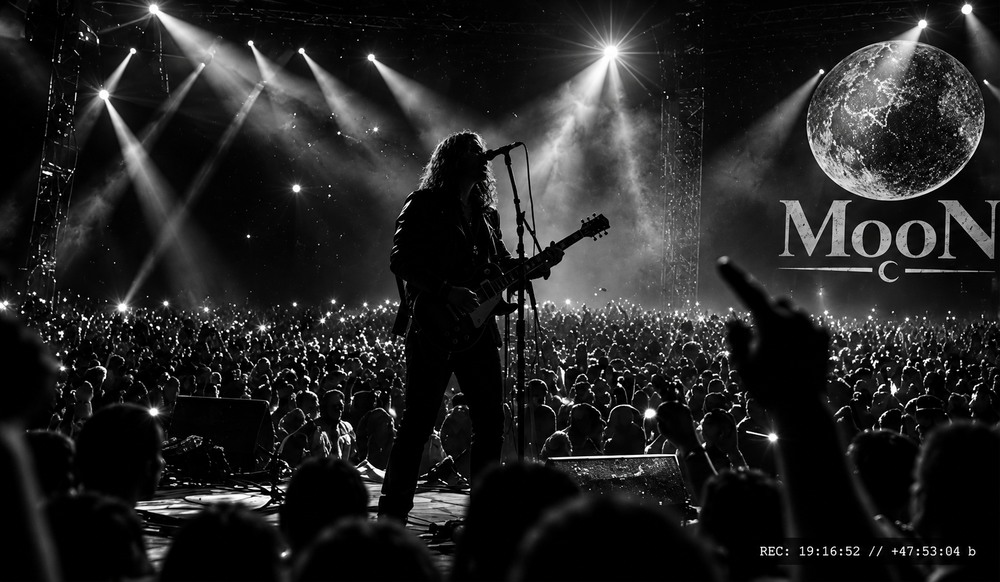A vast arena in near-monochrome, a guitarist alone in the spotlight against an enormous moon.