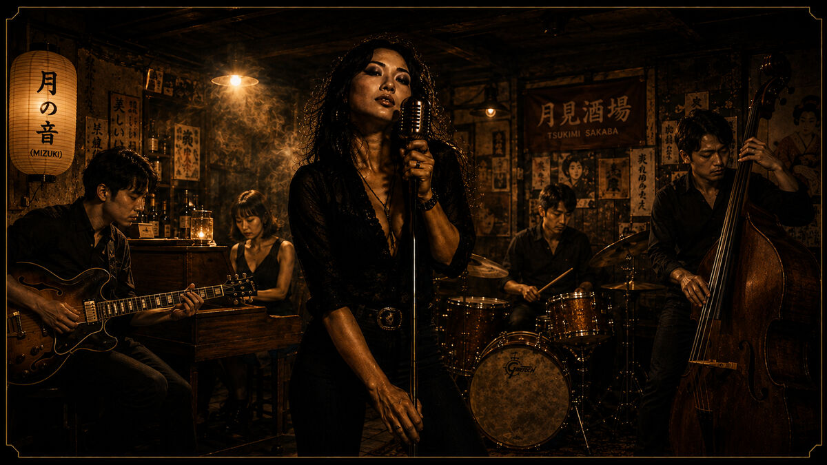A band packed into a tiny basement room with a handful of people watching, the singer at the centre.