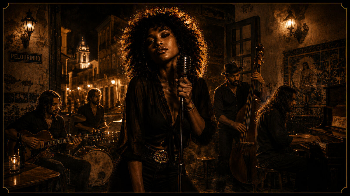 A band playing a crowded, smoky bar; the singer at the centre is lit from the side while the room barely watches.