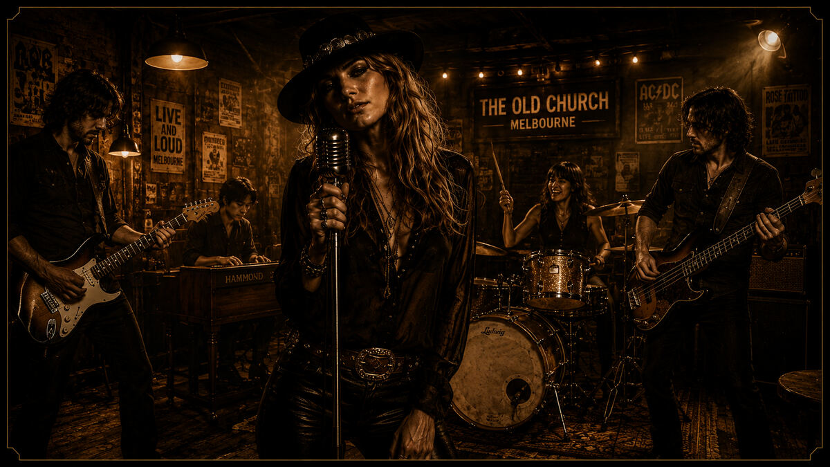 A band filling a loud room, the drummer at the centre grinning as she hammers the kit.